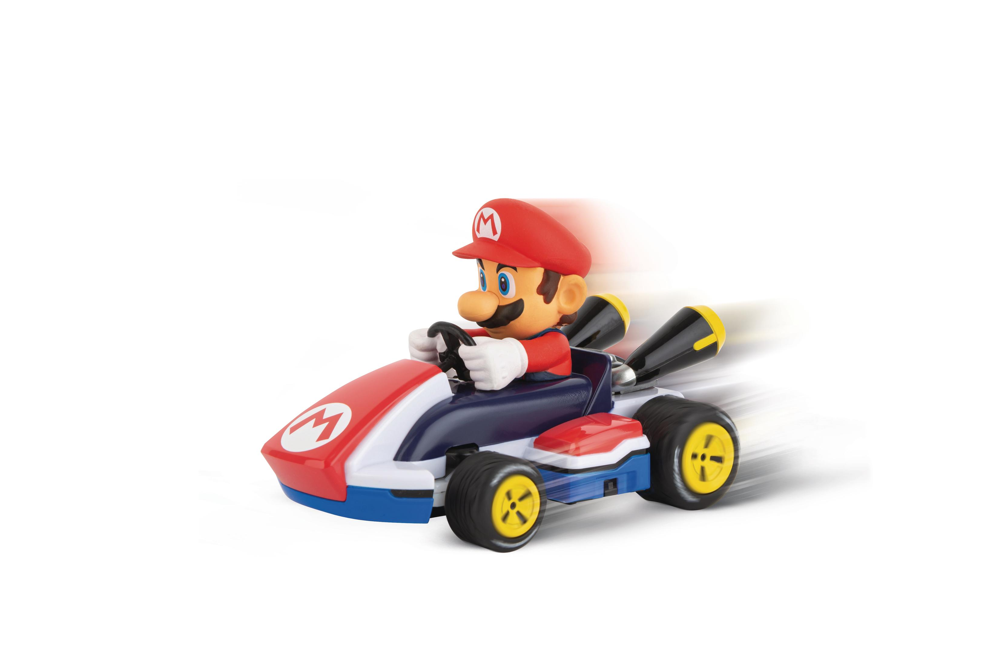 Juguete de Mario Kart con figura de Mario, conduciendo un kart rojo y azul con ruedas amarillas.