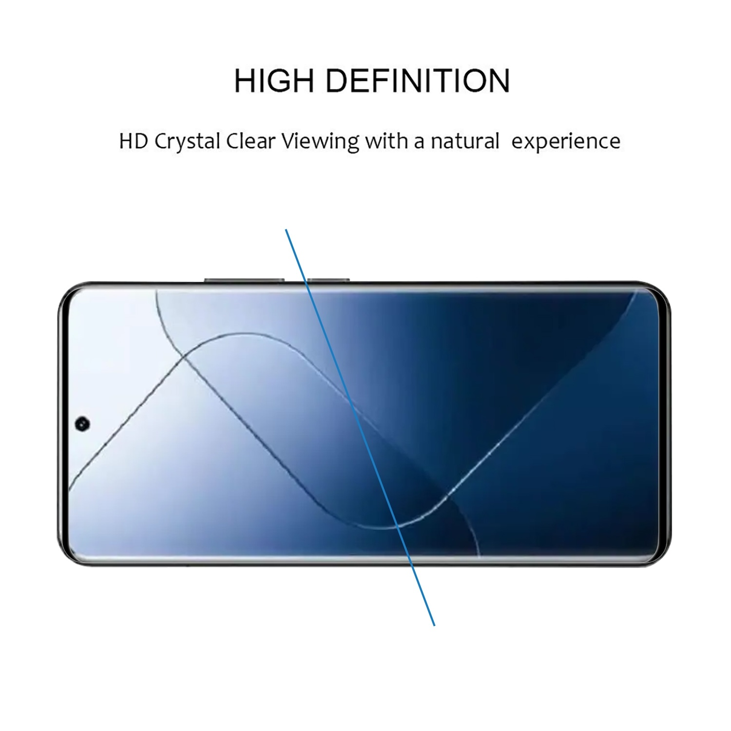 Uno schermo di smartphone con una pellicola protettiva applicata. La pellicola ha un design a linea blu. Testo: Alta Definizione.