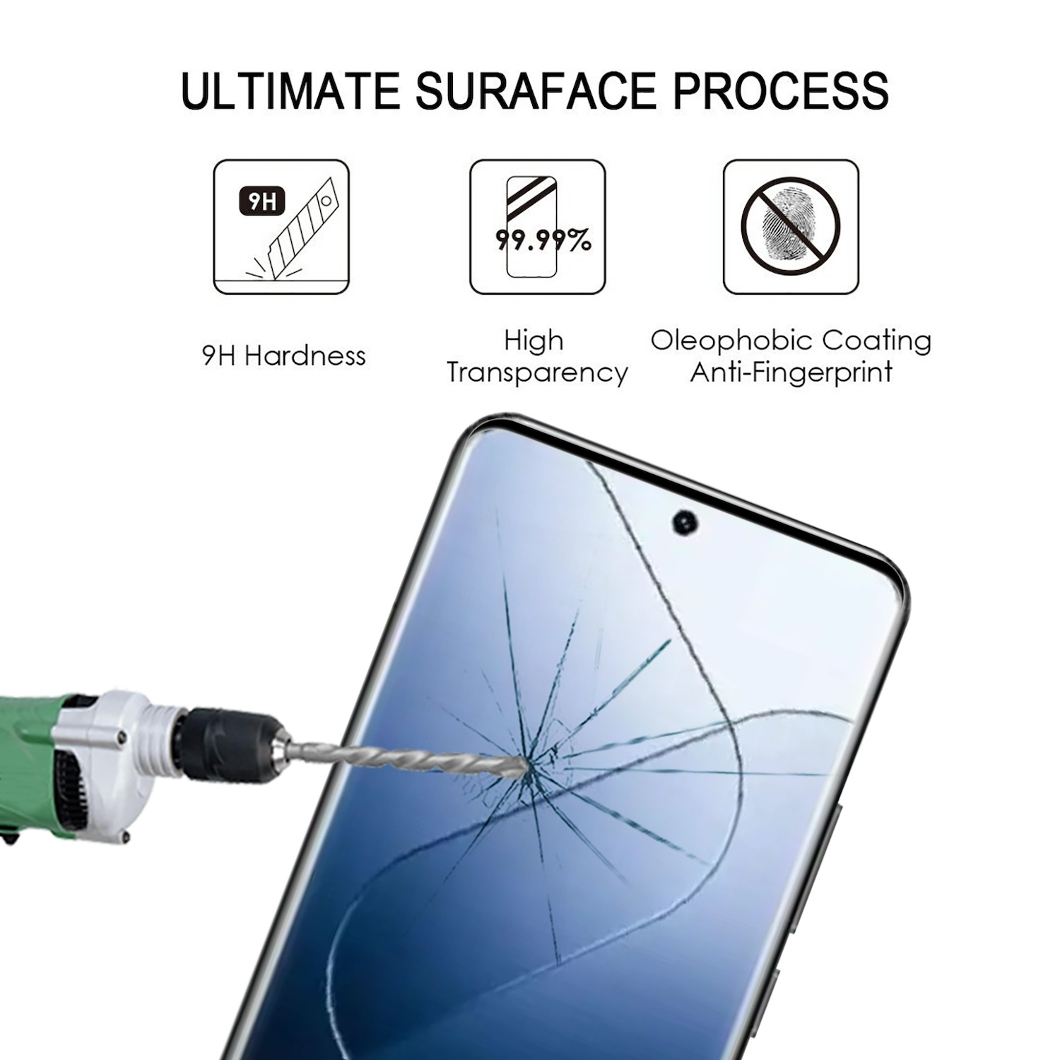 Un trapano rompe lo schermo di un telefono con testo sulla durezza 9H, alta trasparenza e anti-impronta.