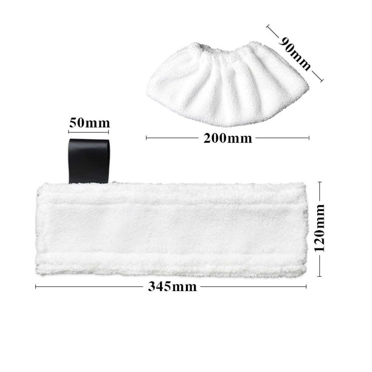 Dwie białe nakładki do mopa o wymiarach: 345 mm, 200 mm, 120 mm, 90 mm i 50 mm.