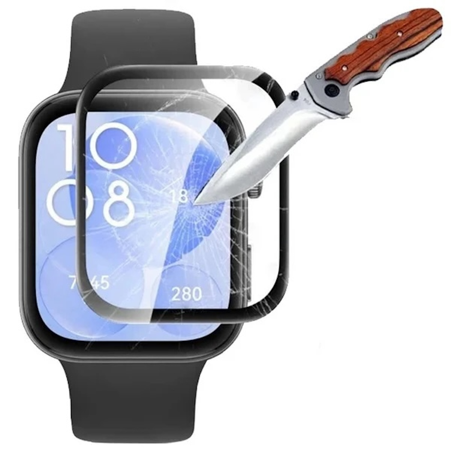 Eine Smartwatch-Oberfläche mit beschädigtem Bildschirm. Ein Messer durchbohrt die Displayschutzfolie.