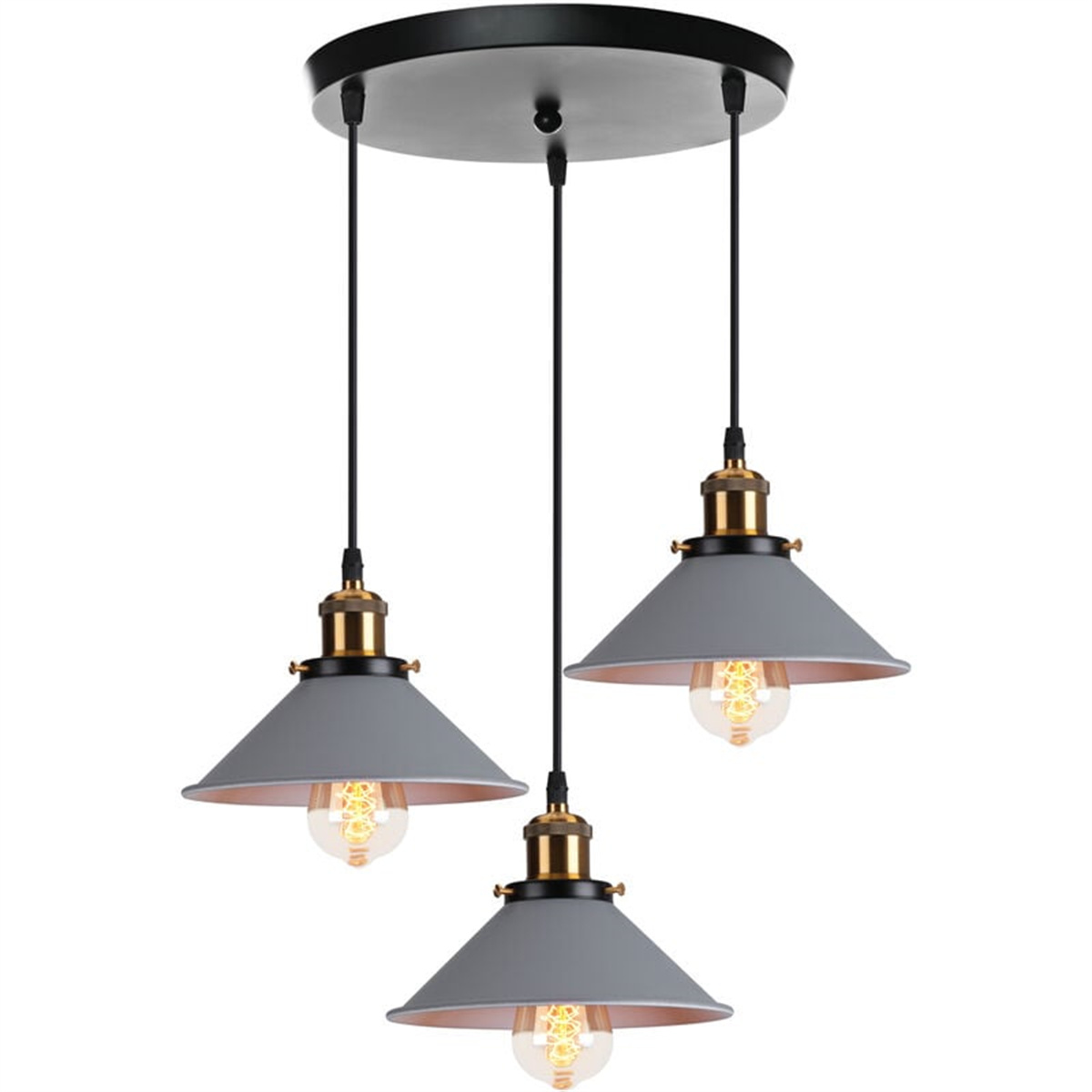 Drei graue Pendelleuchten mit schwarzem Deckenanschluss. Jede Lampe hat eine Glühbirne.