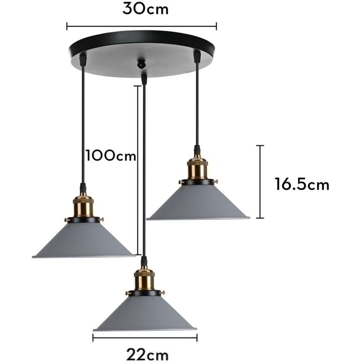 Drei graue Pendelleuchten mit Maßen: 30 cm Durchmesser, 100 cm Länge, 22 cm Breite und 16,5 cm Höhe.