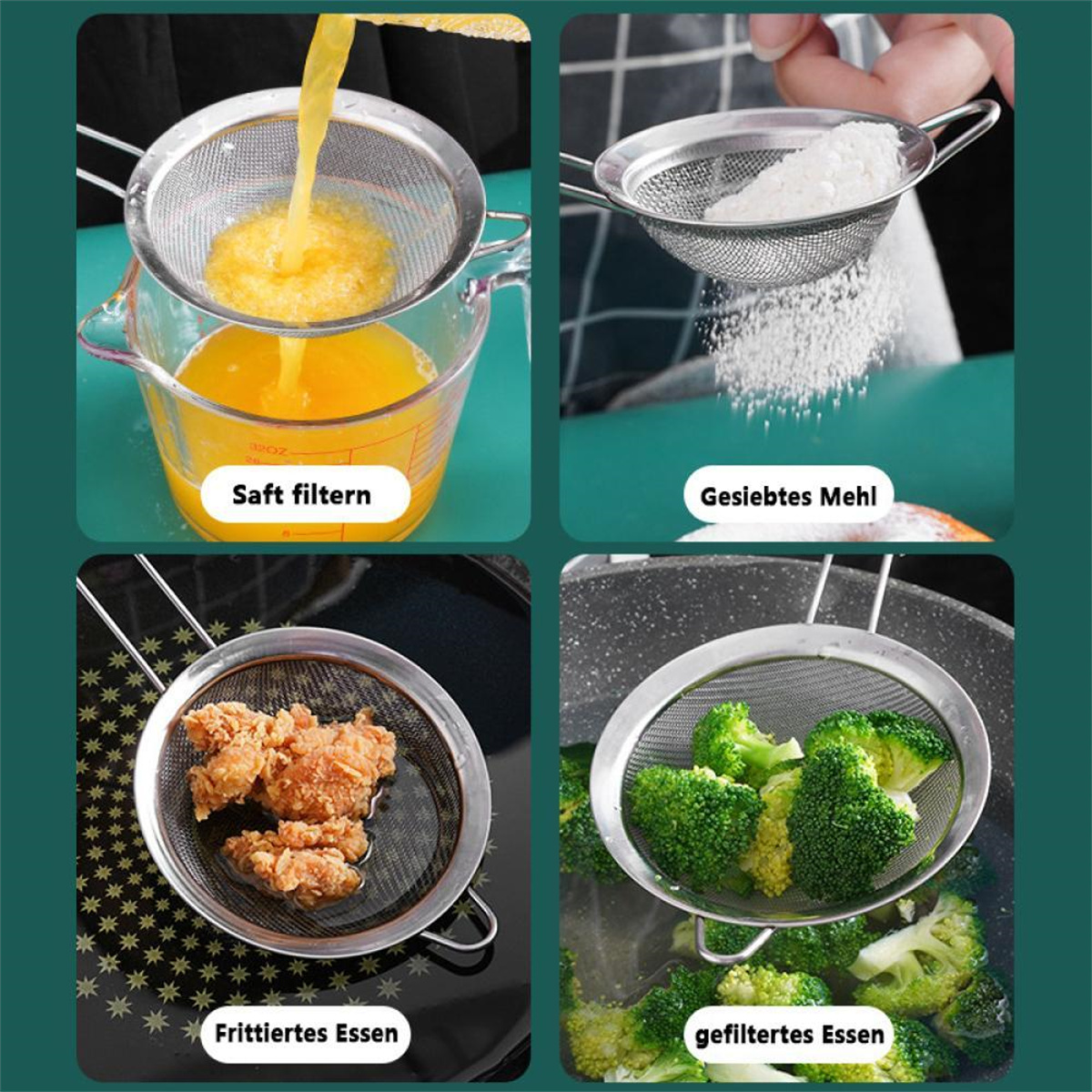 Vier Bilder, die Küchensiebe beim Abseihen von Saft, Mehl, frittiertem Essen und Brokkoli zeigen.