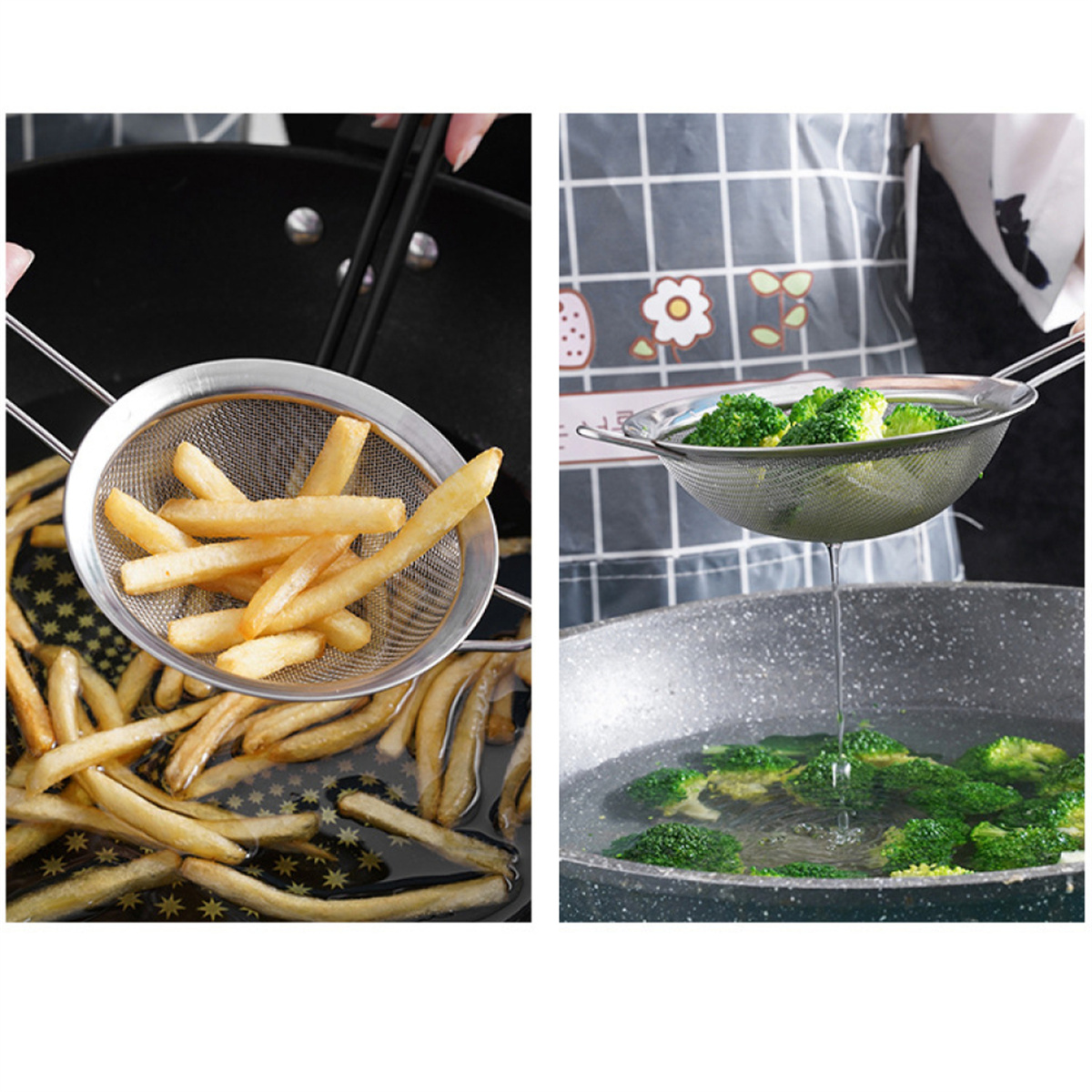 Zwei Bilder: Pommes Frites, die in Öl frittiert werden, und Brokkoli, der in einem Sieb blanchiert wird.