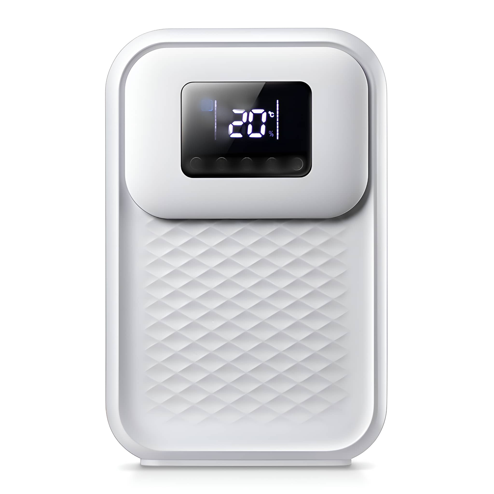 Weißes Digitalthermometer mit Anzeige von 20 Grad Celsius auf weißem Hintergrund.