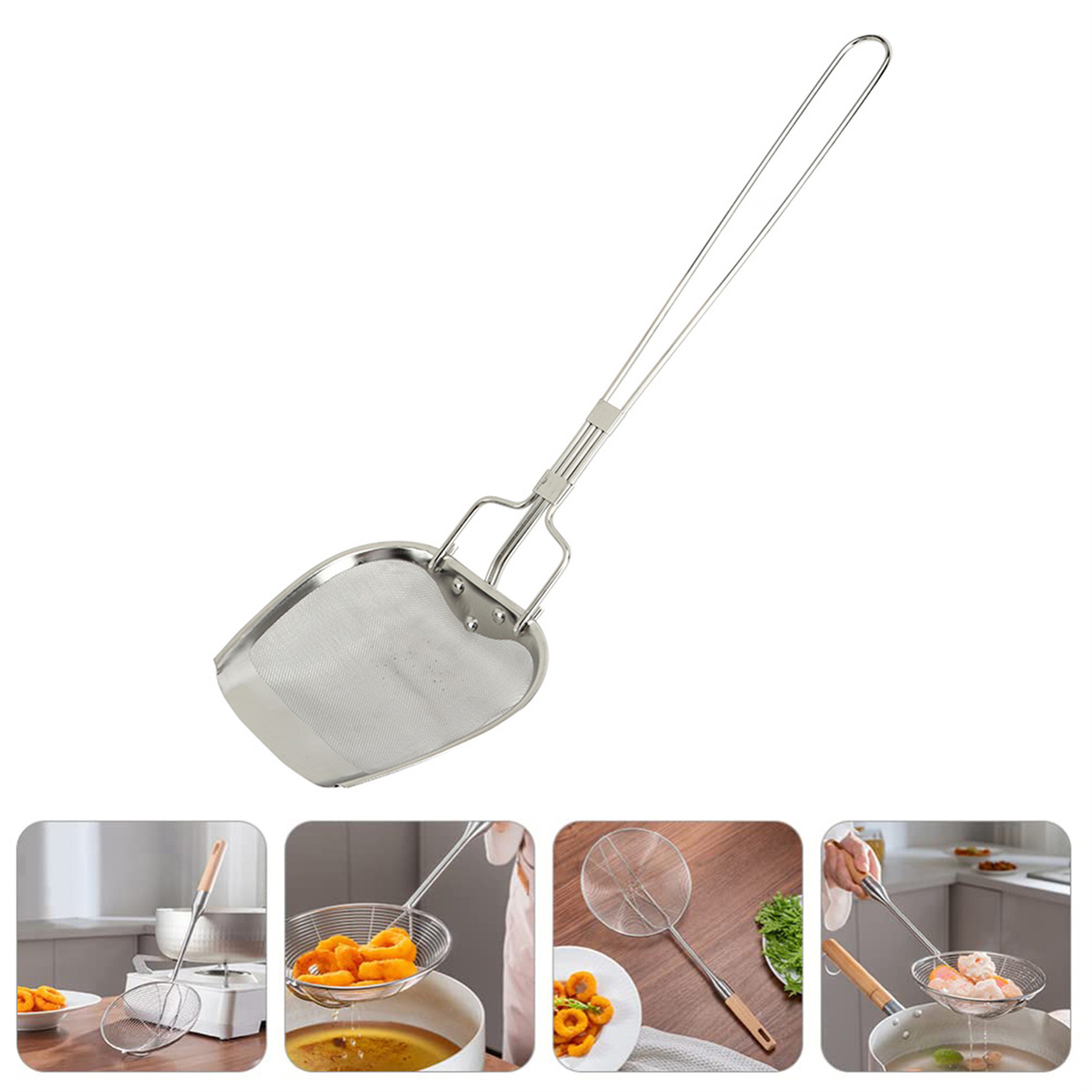 Metall-Skimmer mit Holzgriff und rechteckigem Netz. Mehrere Bilder im Gebrauch.
