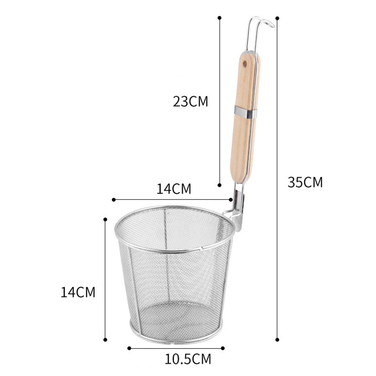 Metall-Nudelsieb mit Holzgriff. Abmessungen: 35 cm, 14 cm, 10,5 cm.