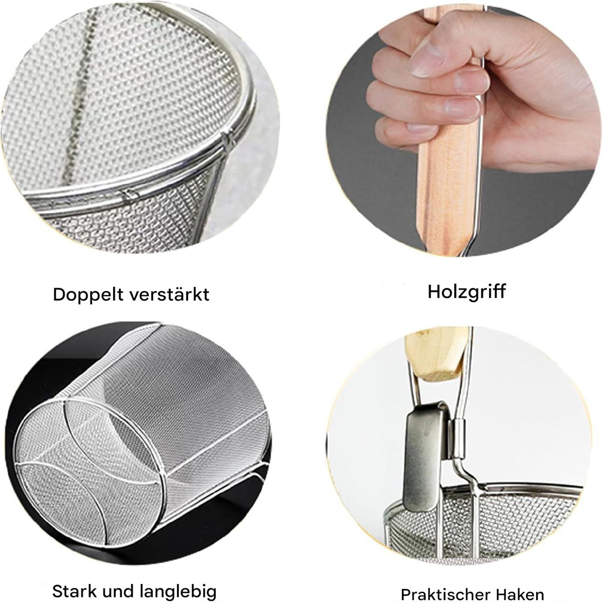 Nahaufnahmen eines Edelstahl-Schaumlöffels, die Details wie Griff, Netz und Haken zeigen.