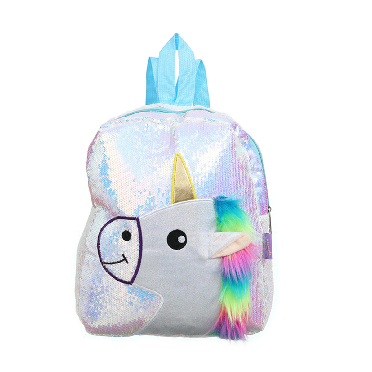 Ein Einhorn-Rucksack mit Regenbogenmähne und glitzernden Pailletten. Er hat hellblaue Träger.