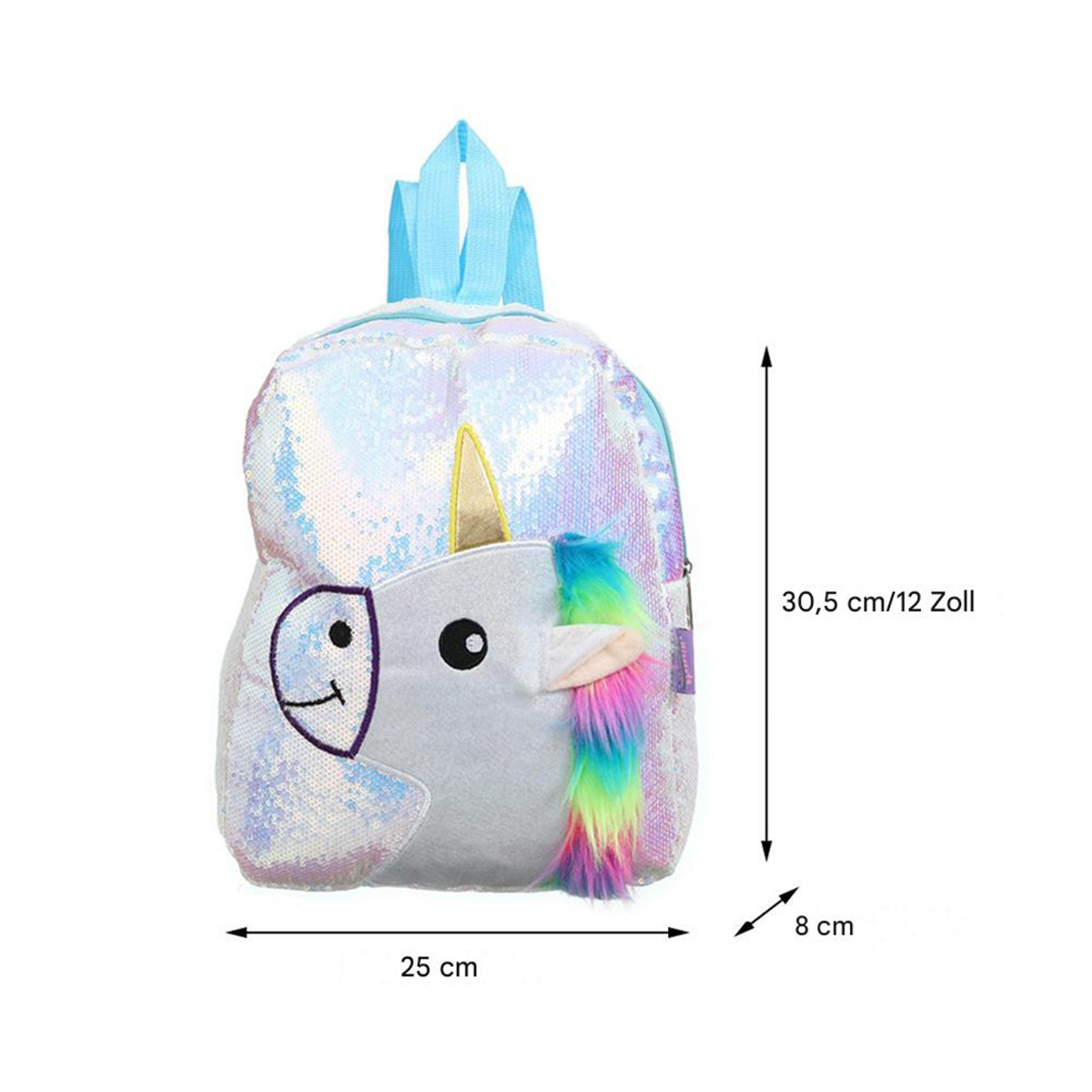 Einhorn-Rucksack mit Pailletten, Regenbogenmähne und Abmessungen.