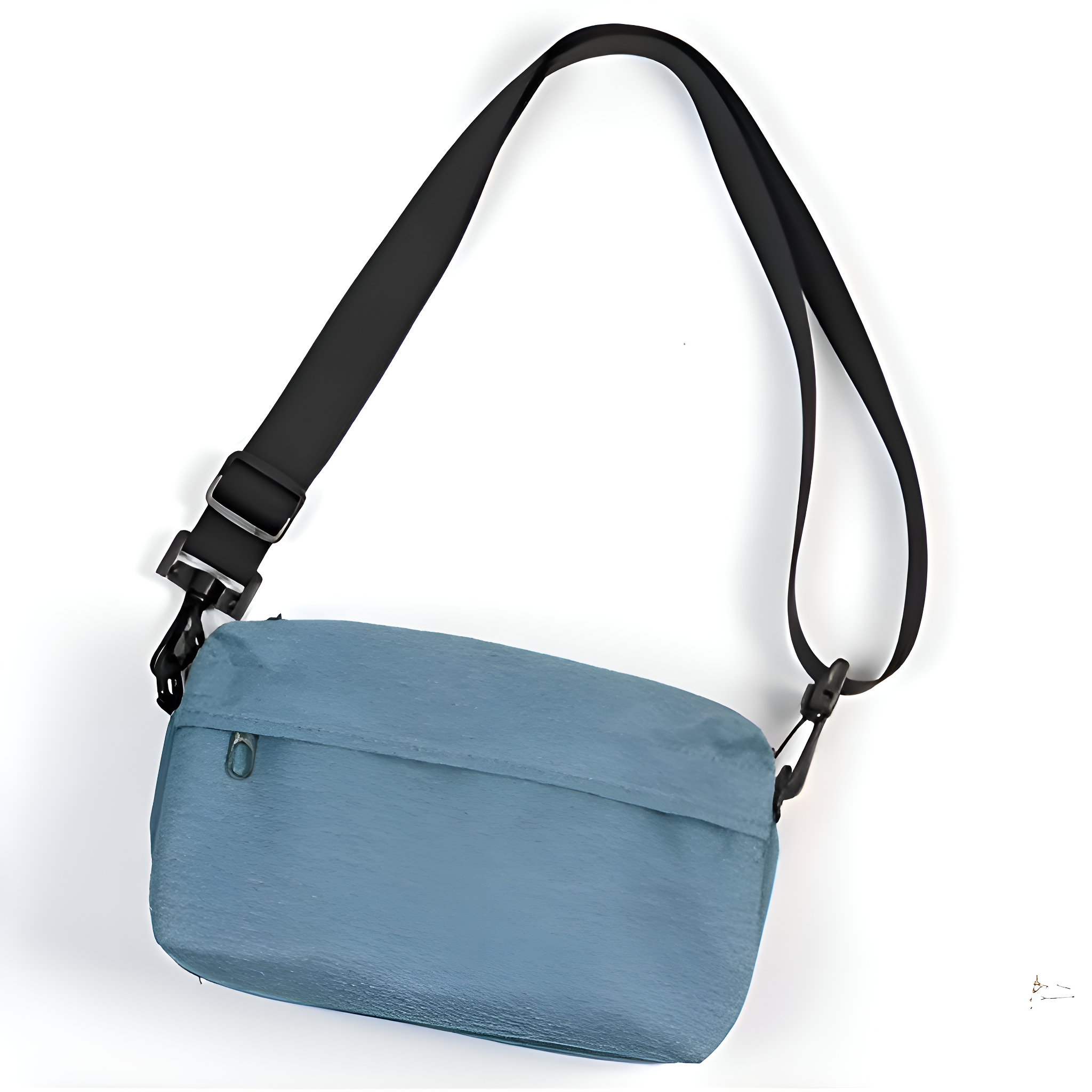 Blaue Umhängetasche mit schwarzem Riemen, weißer Hintergrund.