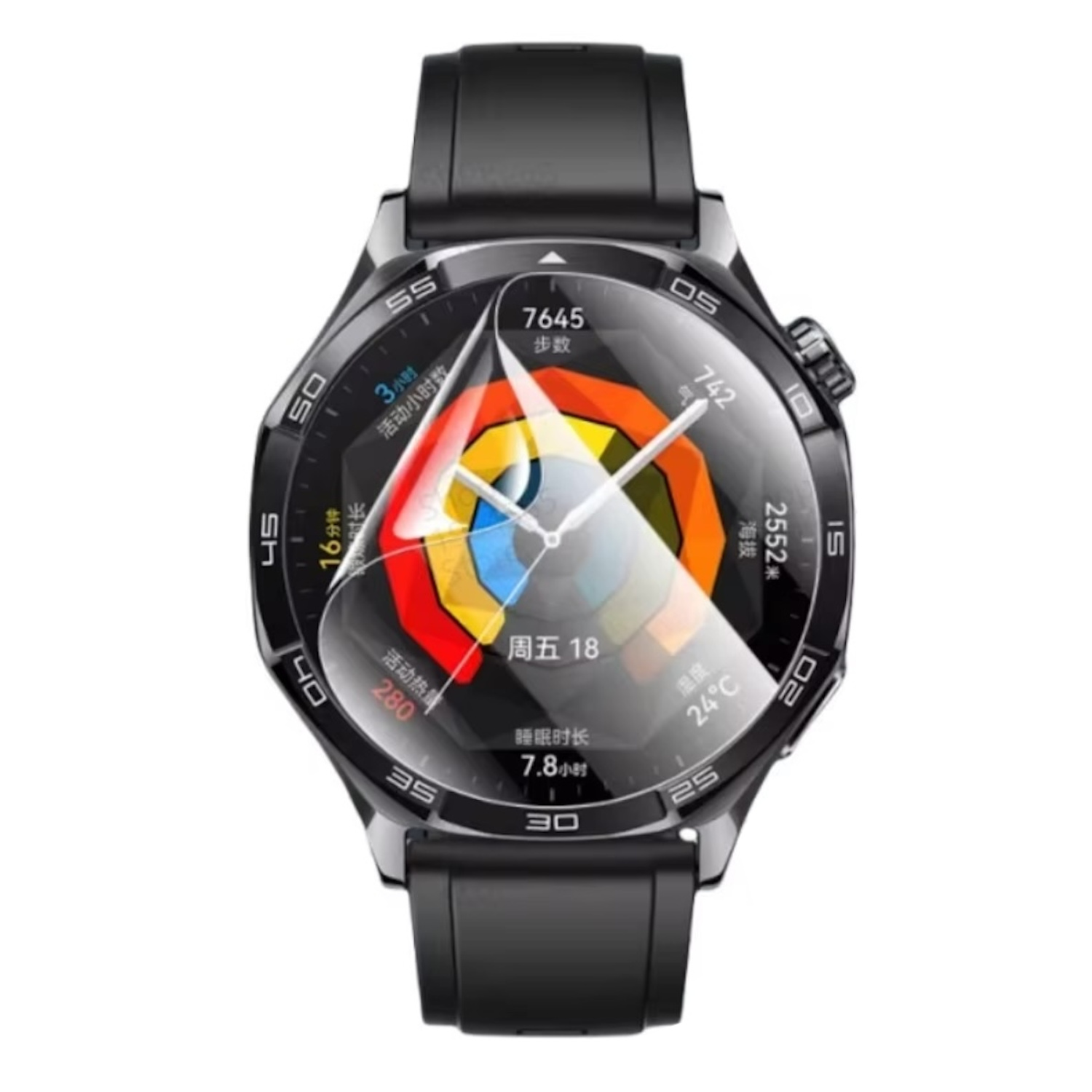 Schwarze Smartwatch mit schwarzem Armband. Der Bildschirm zeigt Daten. Auf dem Bildschirm befindet sich eine Schutzfolie.
