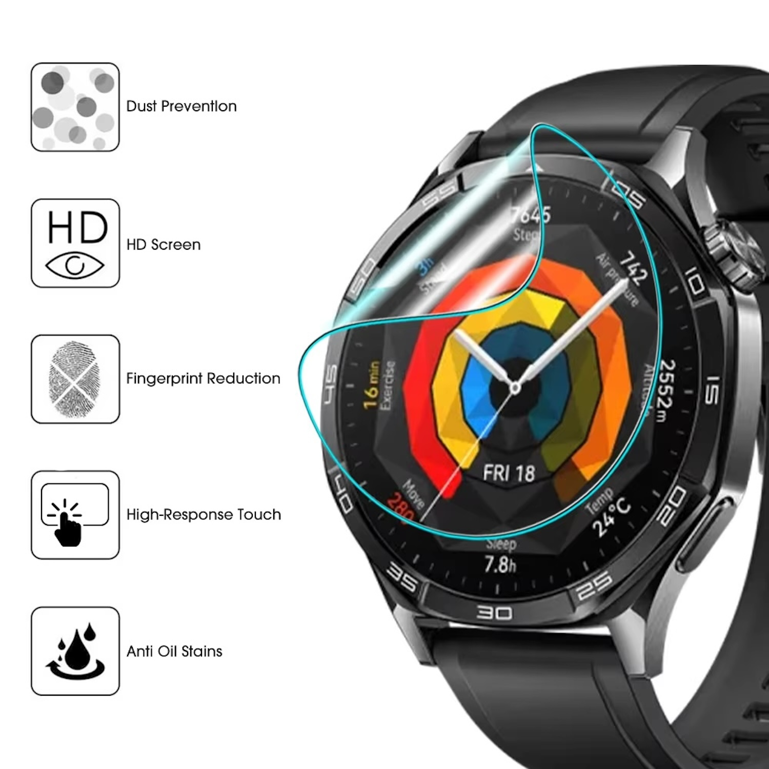 Schwarze Smartwatch mit farbigem Displayschutz, der Zeit und Gesundheitsmetriken anzeigt. Symbole für Funktionen werden ebenfalls gezeigt.