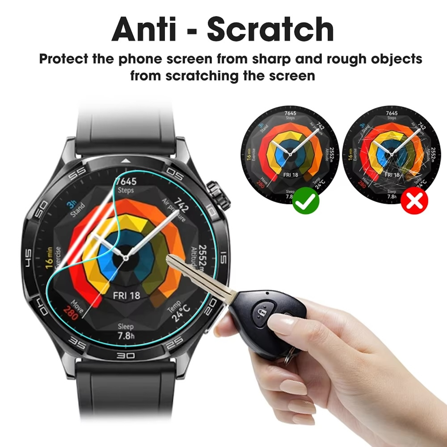 Smartwatch mit Gesundheitsdaten, neben Autoschlüssel, mit Anti-Kratz-Text.