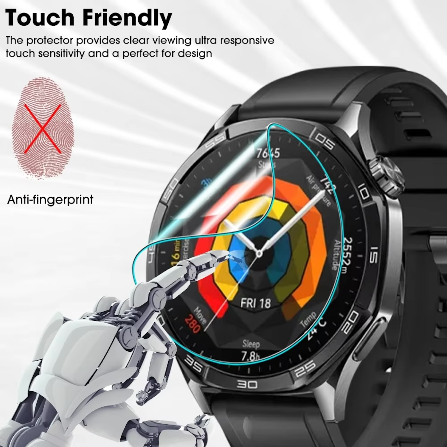 Eine Smartwatch mit Touch-Funktionen, einem roten, durchgestrichenen Fingerabdruck, einem Roboter und technischen Daten.