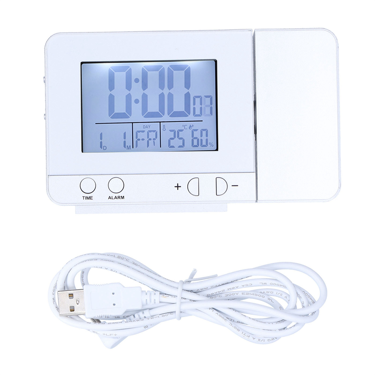 Weißer digitaler Wecker mit USB-Kabel. Anzeige zeigt Zeit und Datum.