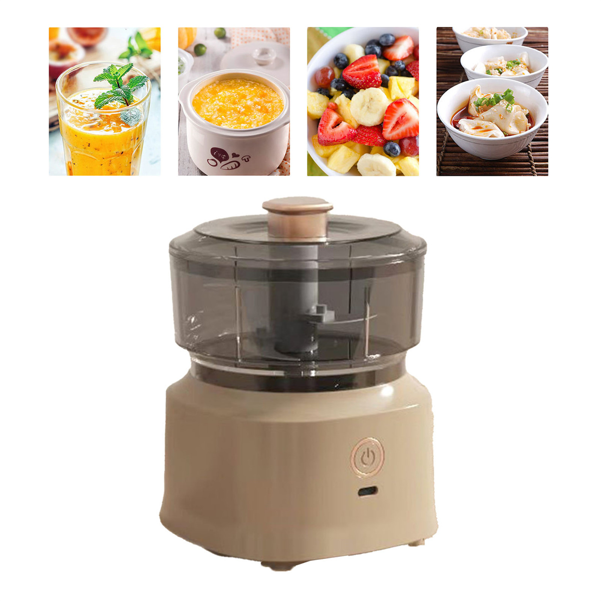 Ein Foodprocessor mit vier Fotos von Lebensmitteln: einem Saft, Babynahrung, einem Obstsalat und Knödeln.