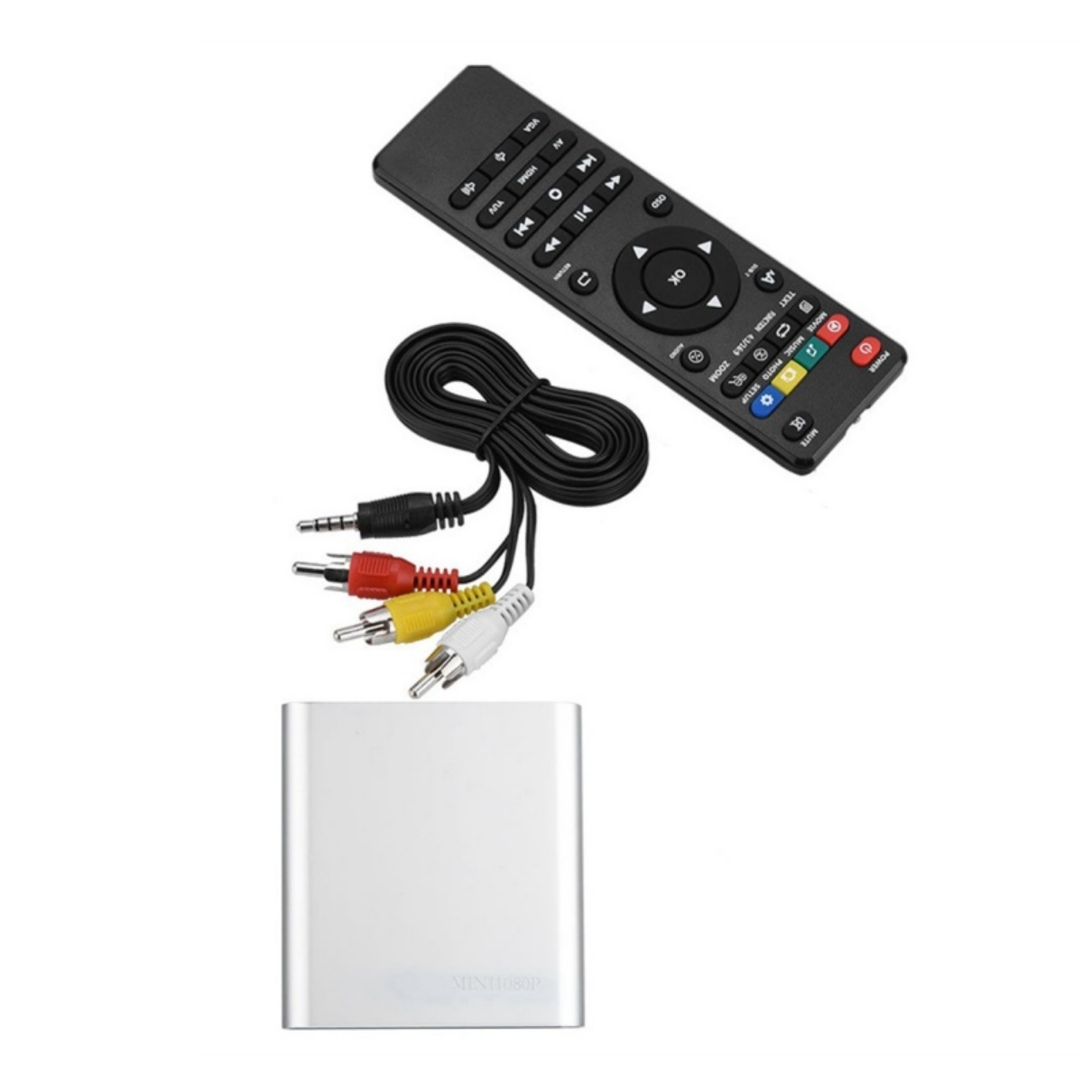 Schwarze Fernbedienung, silberne Box und Audiokabel auf weißem Hintergrund.