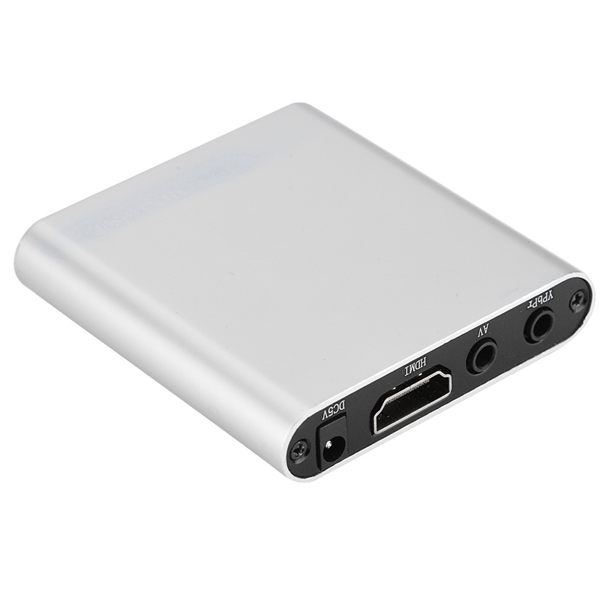 Eine silberne HDMI-zu-AV-Konverterbox mit Anschlüssen HDMI, AV, YPbPr und DC5V.