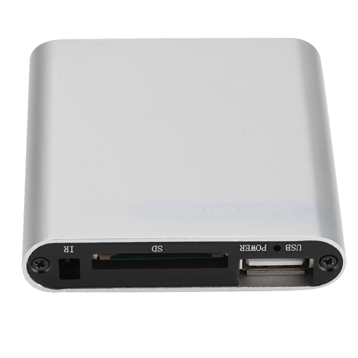 Silbernes Mini-1080p-Gerät mit Anschlüssen auf weißem Hintergrund.