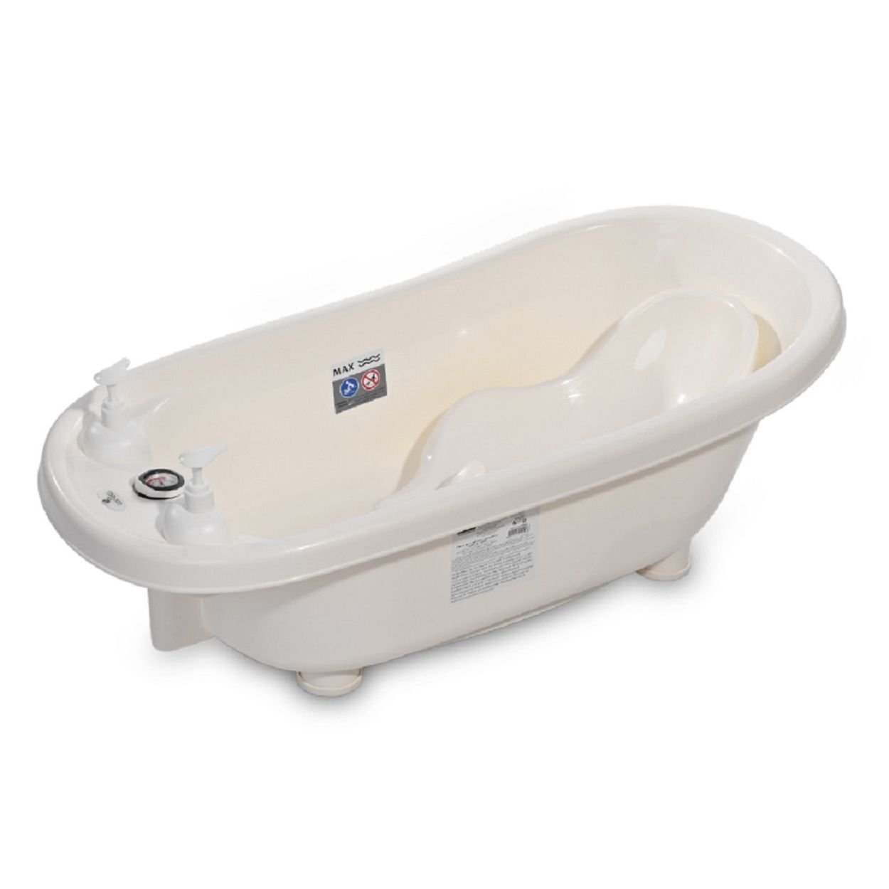 Cremefarbene Babybadewanne mit konturiertem Sitz, auf weißem Hintergrund.