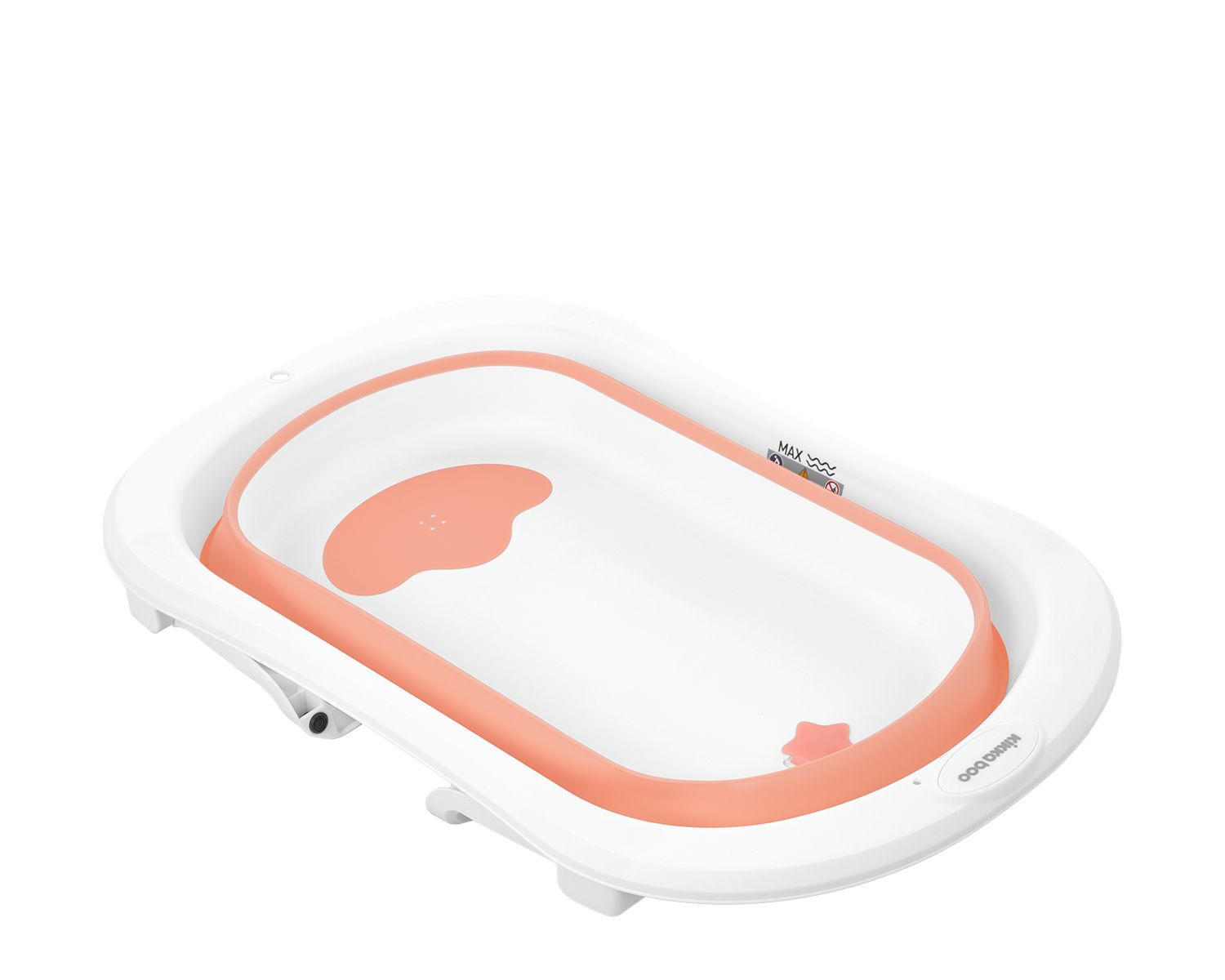 Weiß-orange Babybadewanne. Die Badewanne hat ein zusammenklappbares Design und einen sternförmigen Abfluss.