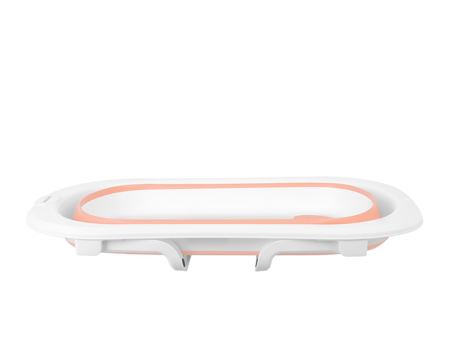 Weiße und rosa Babybadewanne, leer. Das Design ist modern und platzsparend.