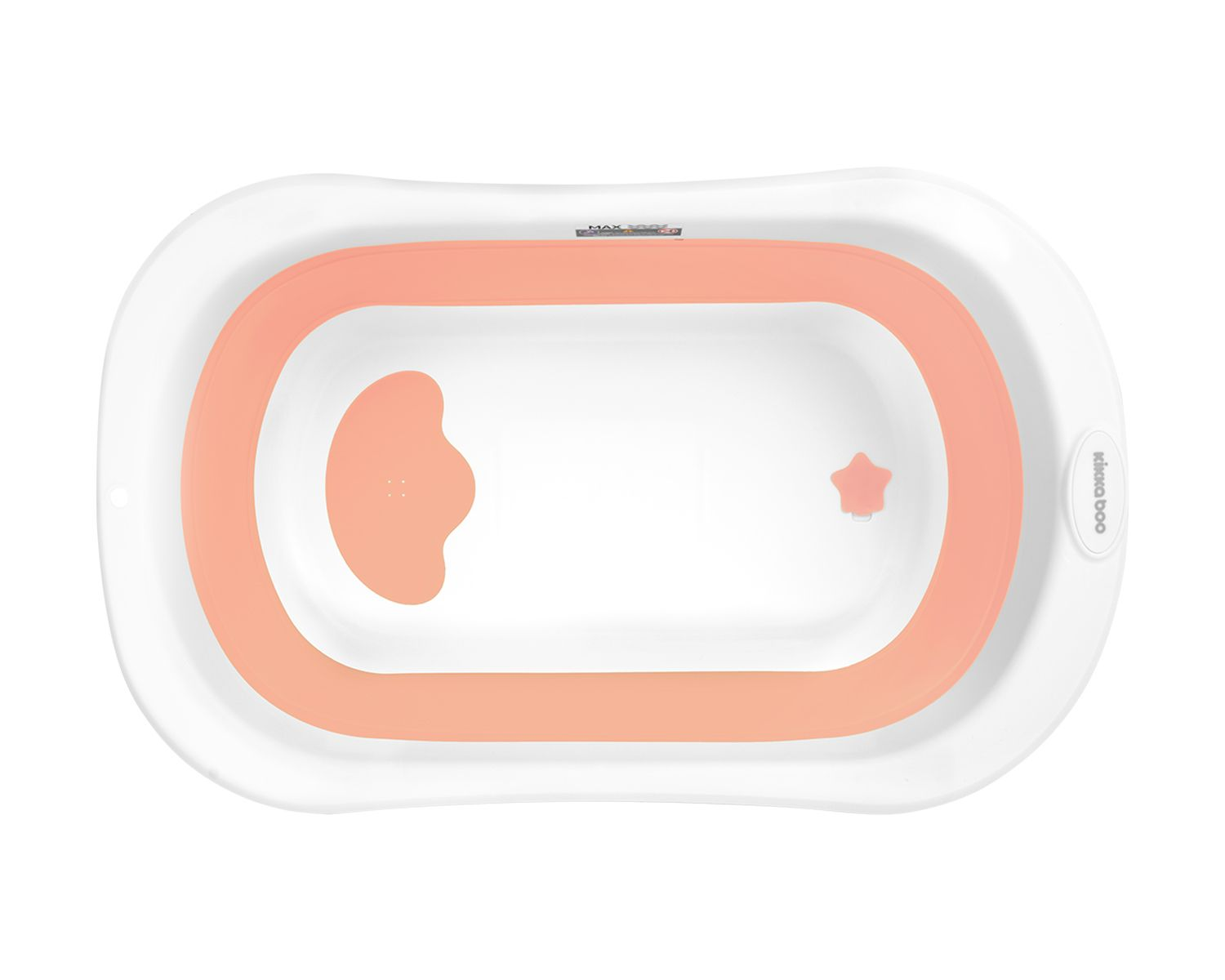 Weiße und pfirsichfarbene Babybadewanne, von oben, mit sternförmigem Stöpsel.