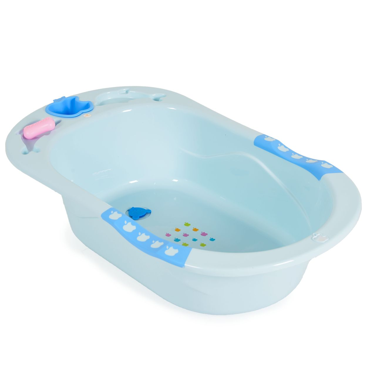 Eine hellblaue Babybadewanne mit zwei Griffen und einem Design im Inneren.