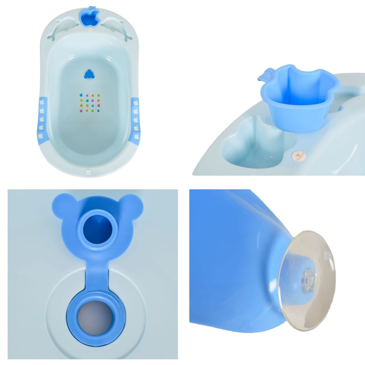 Blaue Babybadewanne mit vier Ansichten der Wanne und Zubehör.