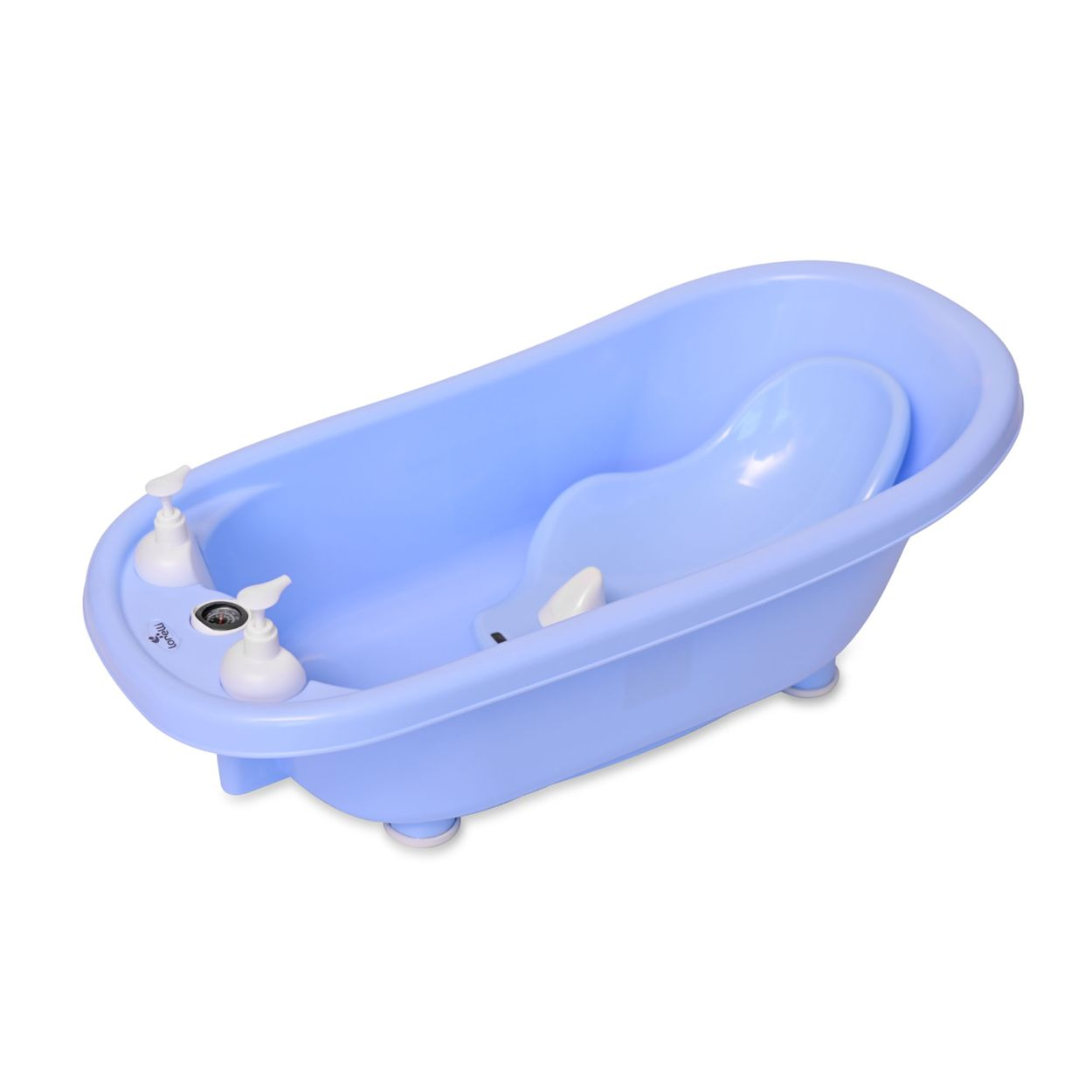 Blaue Babybadewanne aus Kunststoff mit geformtem Sitz und zwei Seifenspendern, auf weißem Hintergrund.