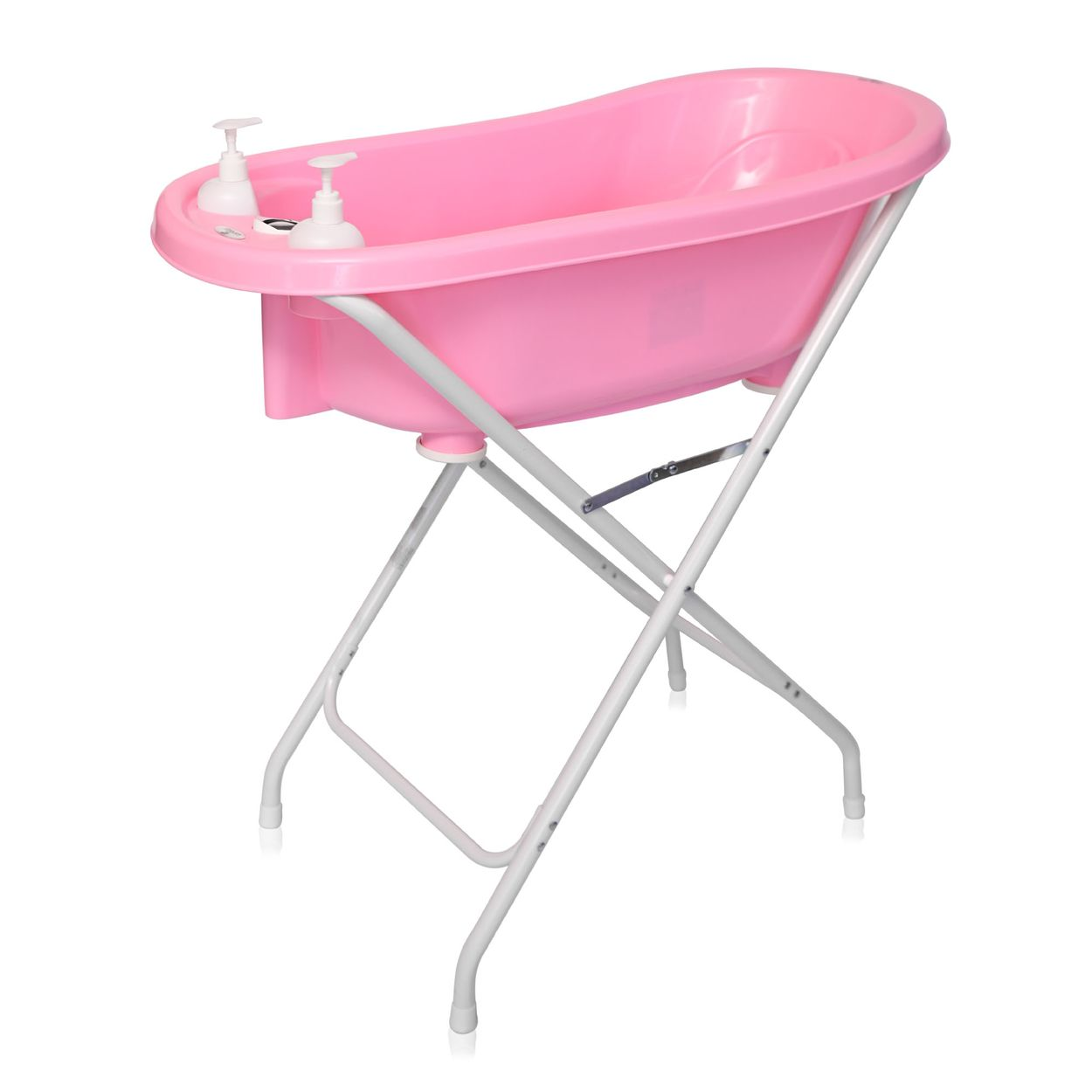 Rosa Babybadewanne mit zwei weißen Seifenspendern, getragen von einem weißen, zusammenklappbaren Ständer.