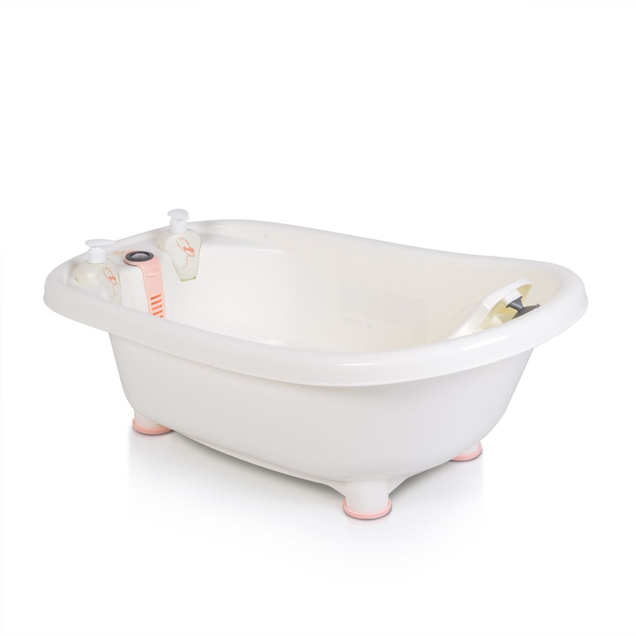 Weiße Babybadewanne mit rosa Akzenten und Flaschen.