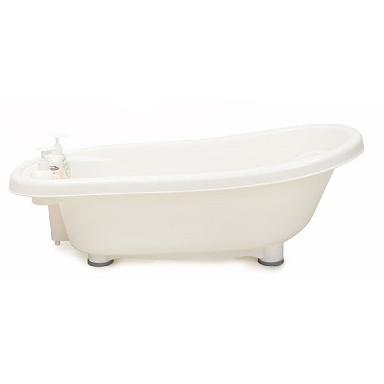 Weiße Babybadewanne mit drei Flaschen. Weißer Hintergrund.
