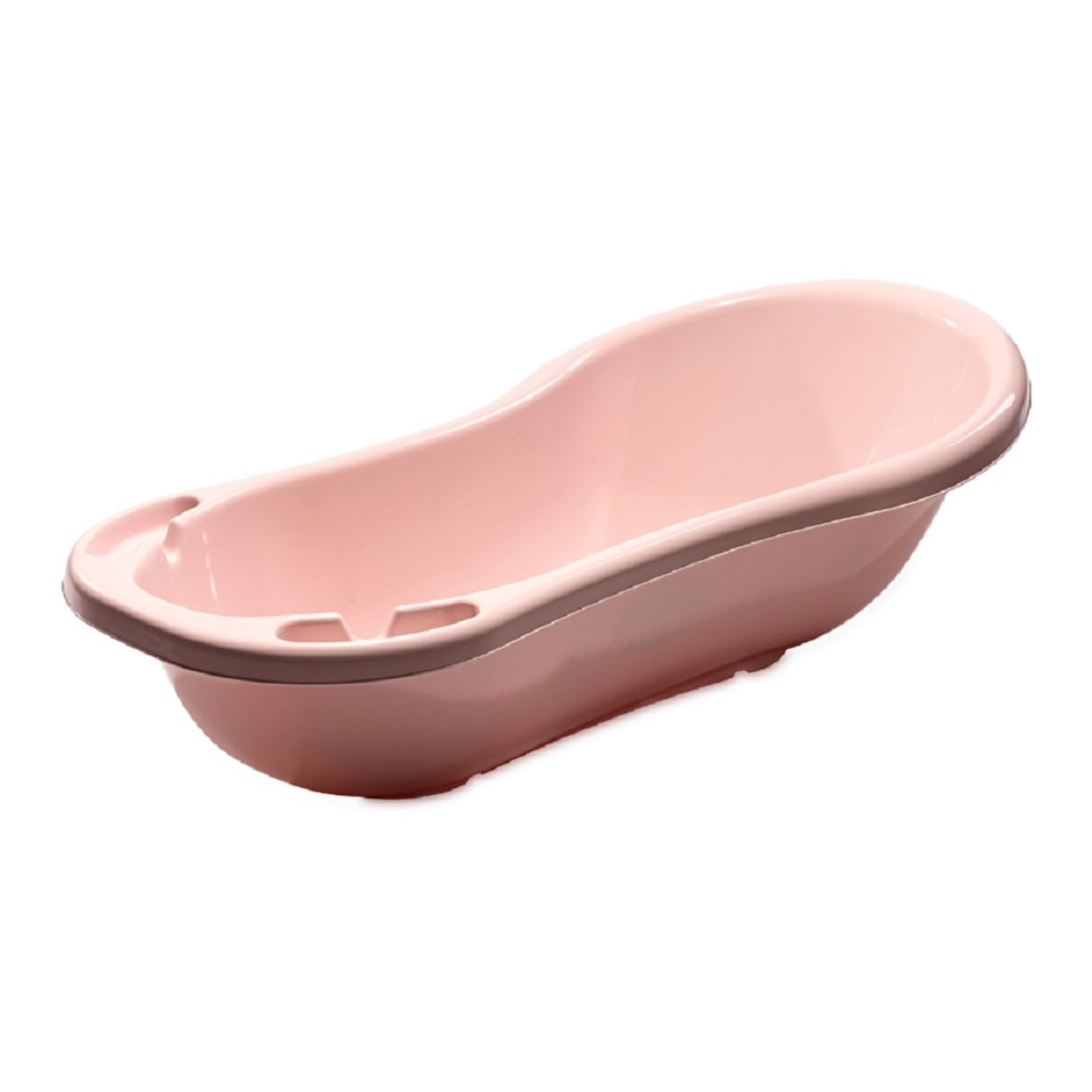 Eine rosa Babybadewanne mit abgerundeten Kanten, auf weißem Hintergrund. Die Wanne ist leer.