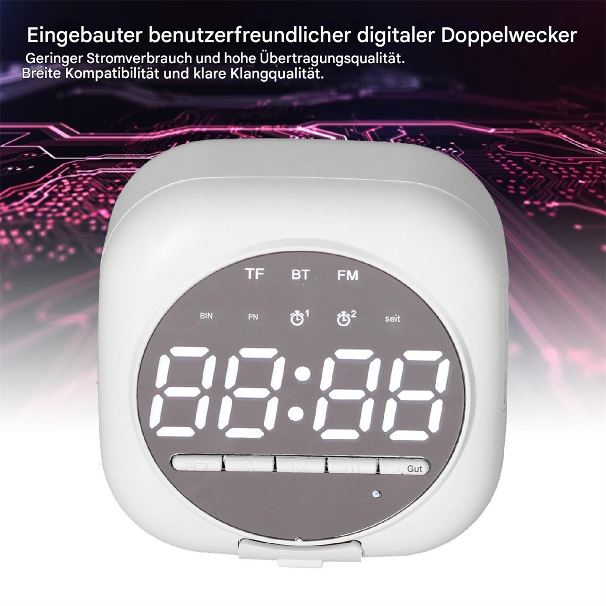 Weißer, würfelförmiger digitaler Wecker mit Anzeige 08:88 auf grauem Hintergrund.