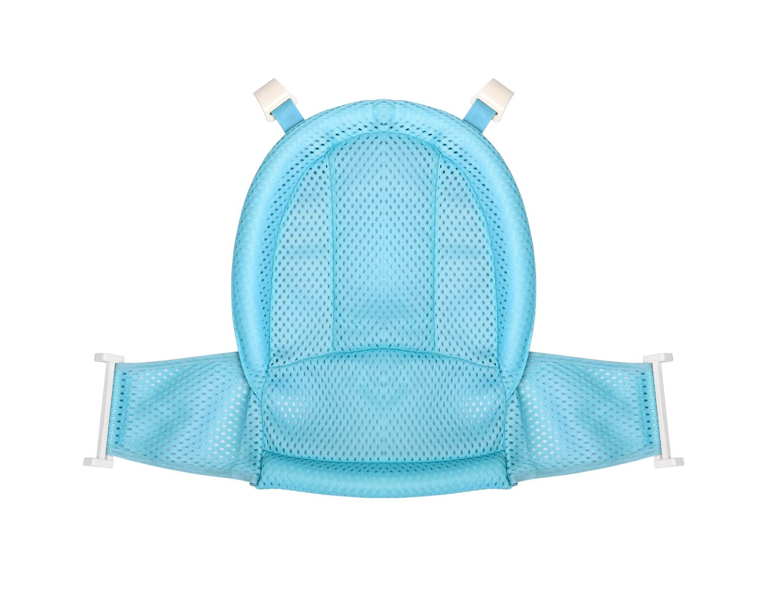 Blauer Baby-Badestütz aus Mesh mit weißen Clips zur Befestigung, isoliert auf Weiß.