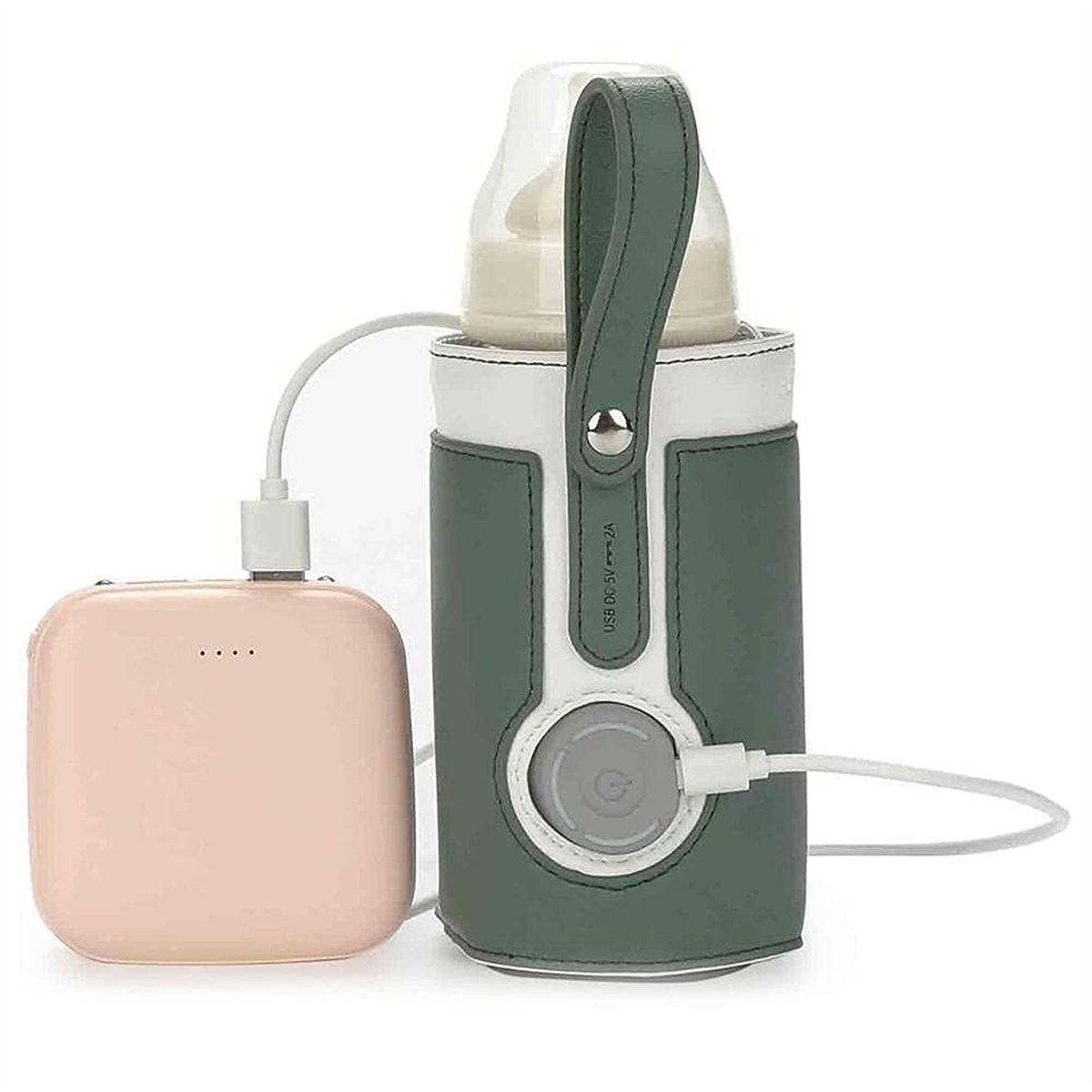 Ein Babyflaschenwärmer, verbunden mit einer Powerbank, mit grün-weißem Gehäuse.