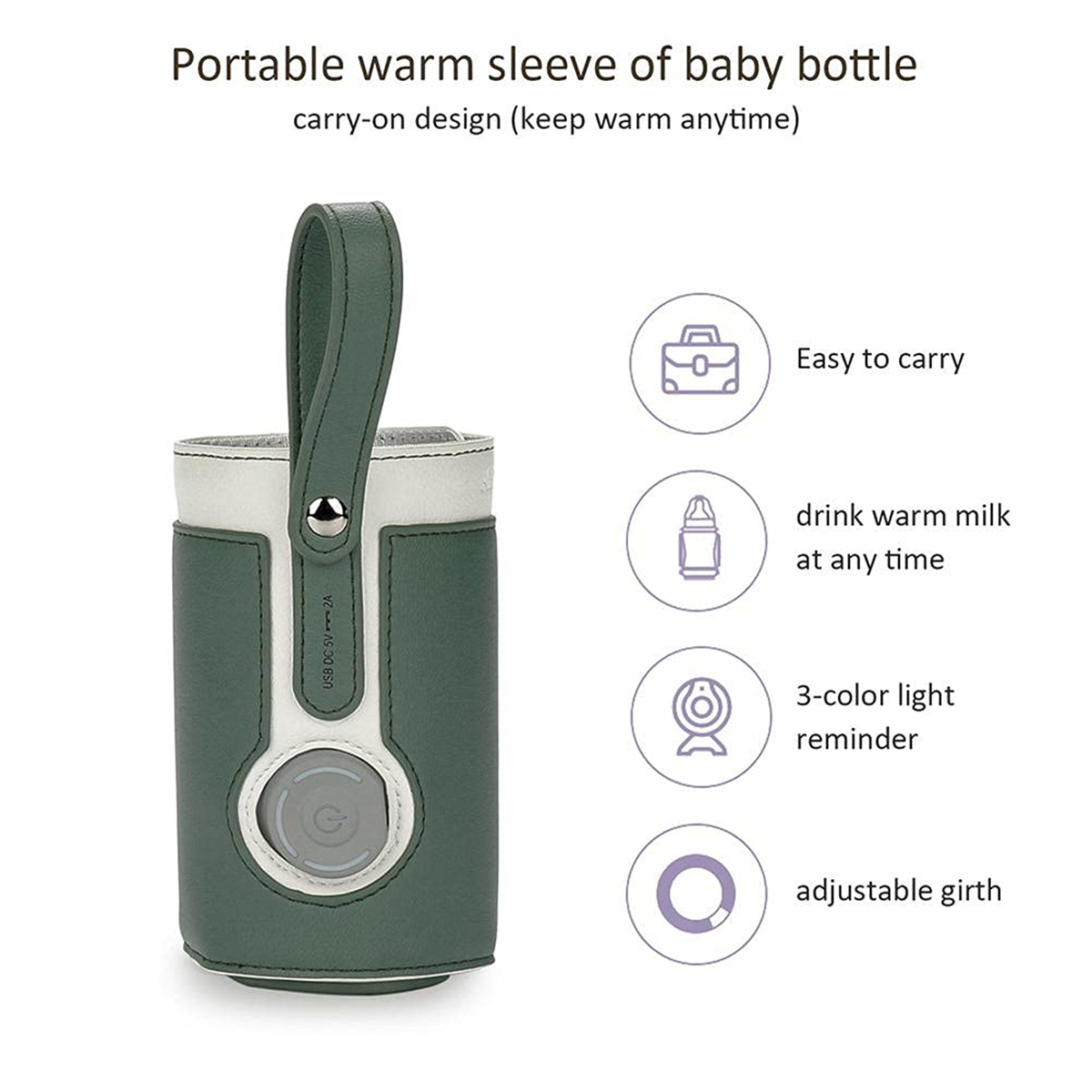 Grüner und weißer isolierter Babyflaschenhalter mit Griff, USB-Anschluss und Symbolen.