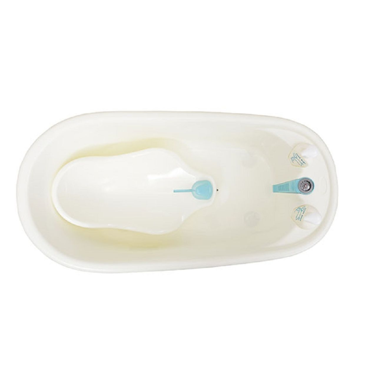 Draufsicht auf eine weiße Babybadewanne mit blauem Stützteil.