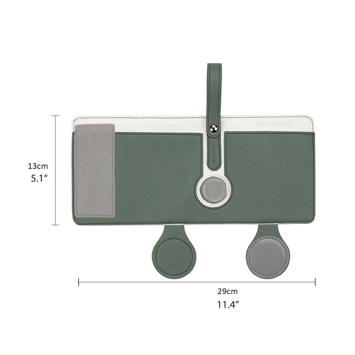Grüner und weißer Baby-Organizer mit Griff und Aufsätzen. Maße: 13 cm x 29 cm.