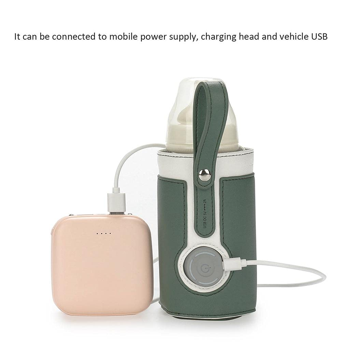 Babyflaschenwärmer mit Powerbank, verbunden durch ein weißes Kabel, auf weißem Hintergrund.