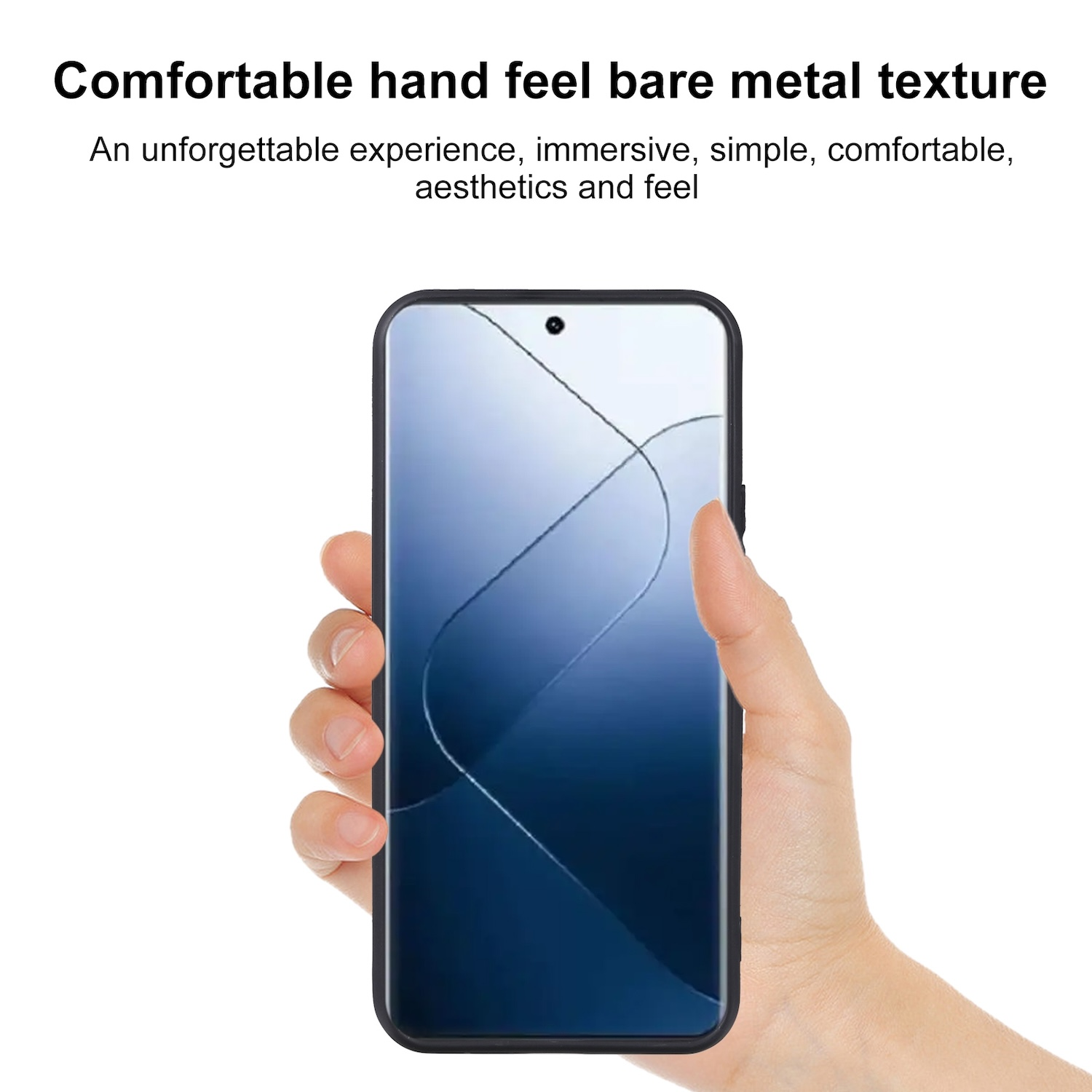 Una mano sostiene un teléfono. El teléfono tiene una pantalla con un diseño de gradiente azul.