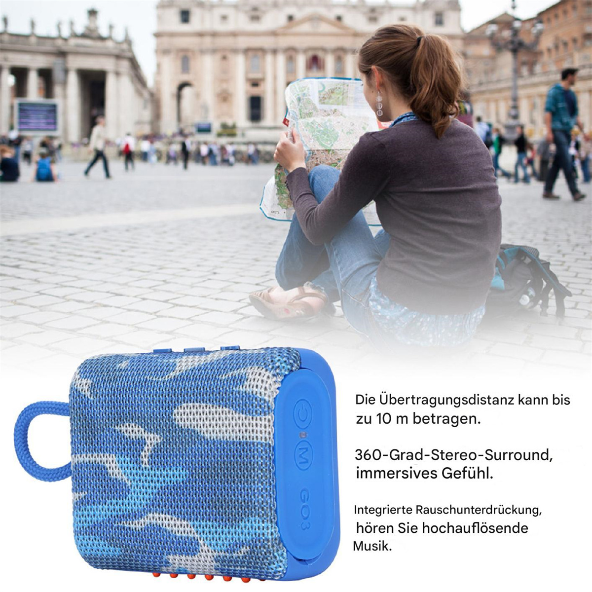 Blauer Camouflage-Lautsprecher, Frau mit Karte im Hintergrund, Text.