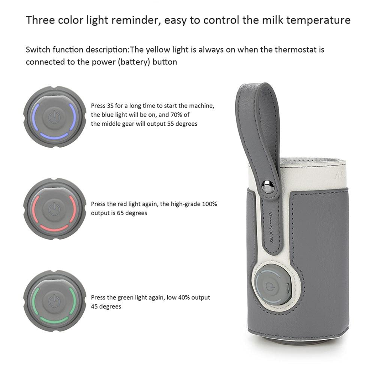 Diagramm eines Babyflaschenwärmers mit Knöpfen, das Lichtfarben und Temperaturen zeigt.