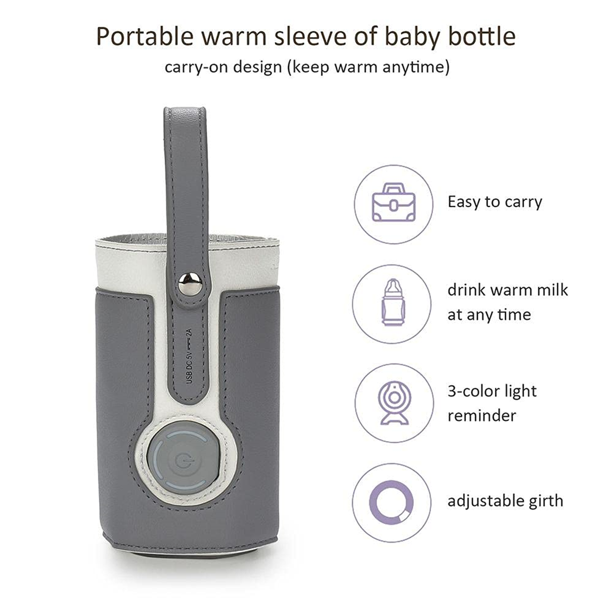 Ein grau-weißer isolierter Babyflaschenhalter mit Griff, Ein-Aus-Taste und Symbolen, die Funktionen anzeigen.