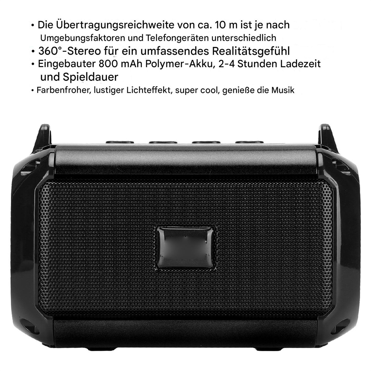 Schwarzer Lautsprecher mit Text, Informationen und einem schwarzen Quadrat.