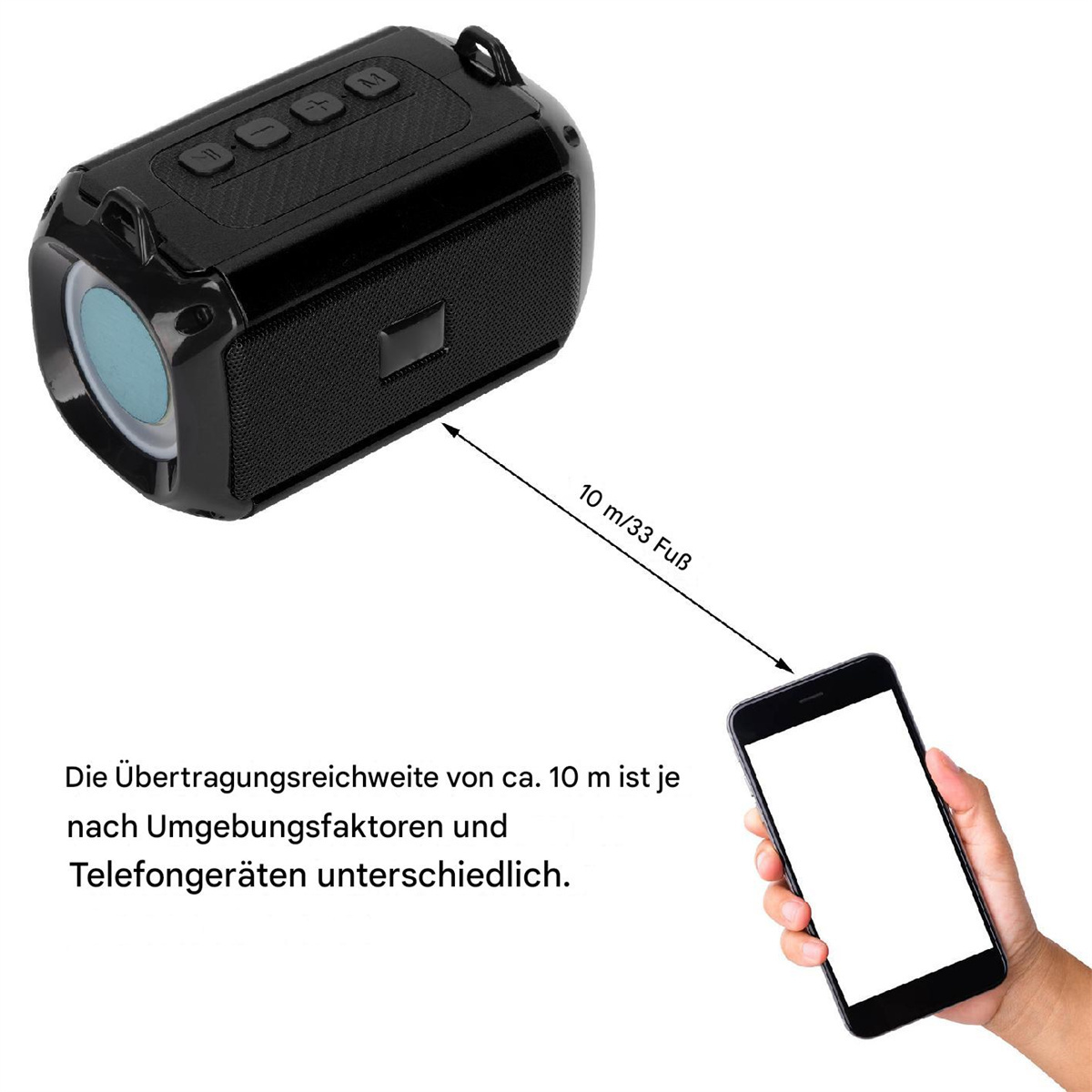 Schwarzer Lautsprecher neben einer Hand, die ein Telefon hält, mit Entfernungstext darüber.