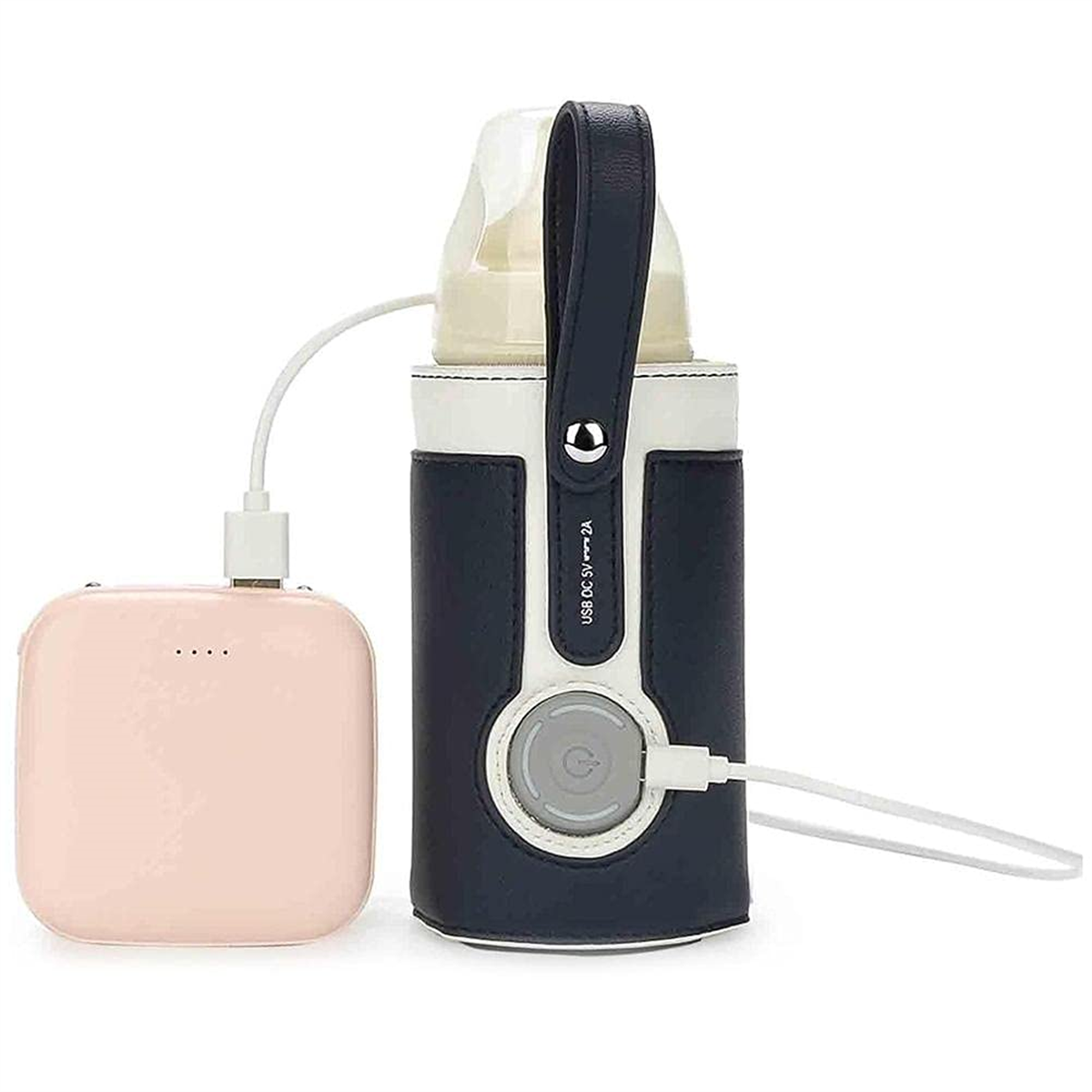 Babyflaschenwärmer mit rosa Powerbank, vor weißem Hintergrund.